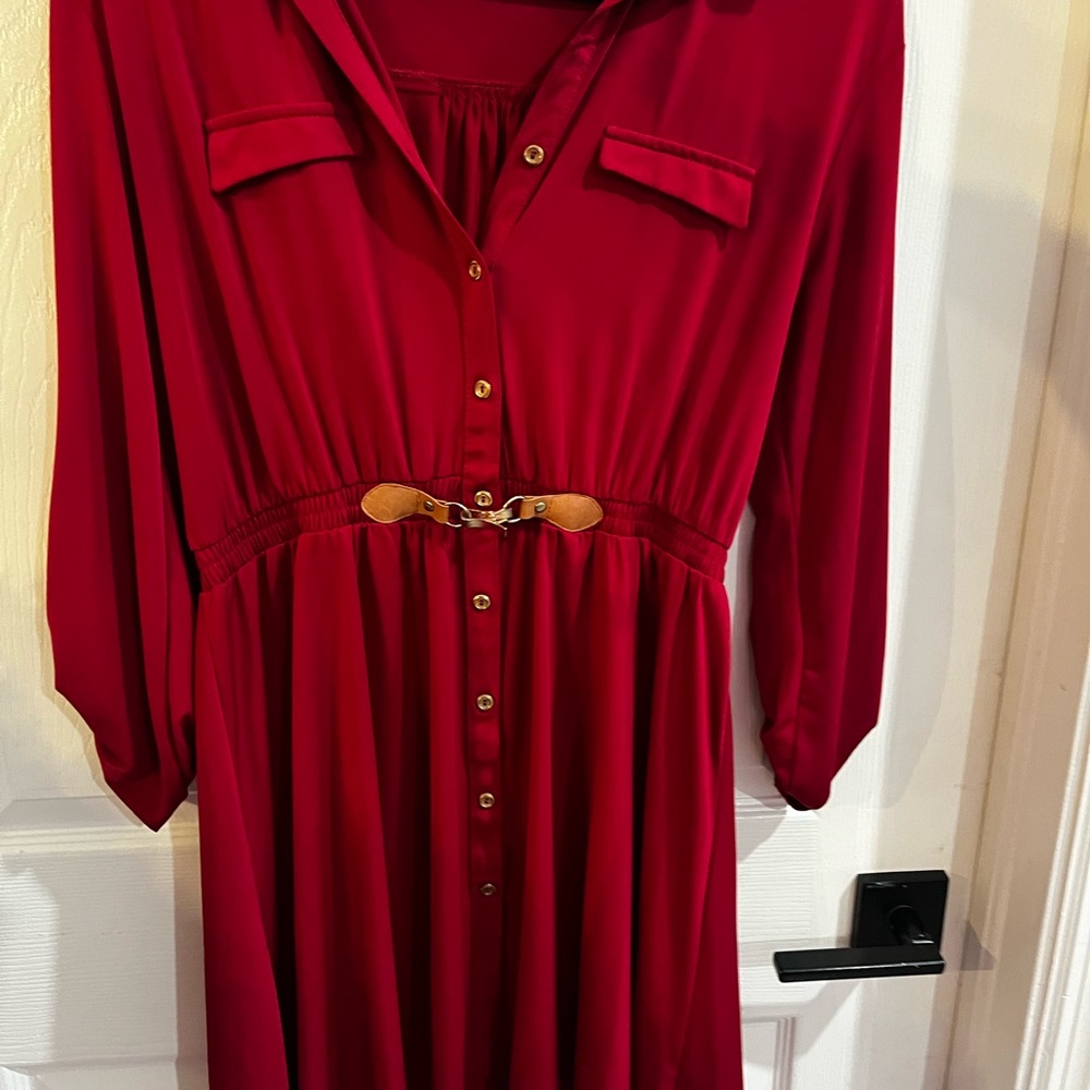 Chic Long Sleeve Red Dress with Gold Accents